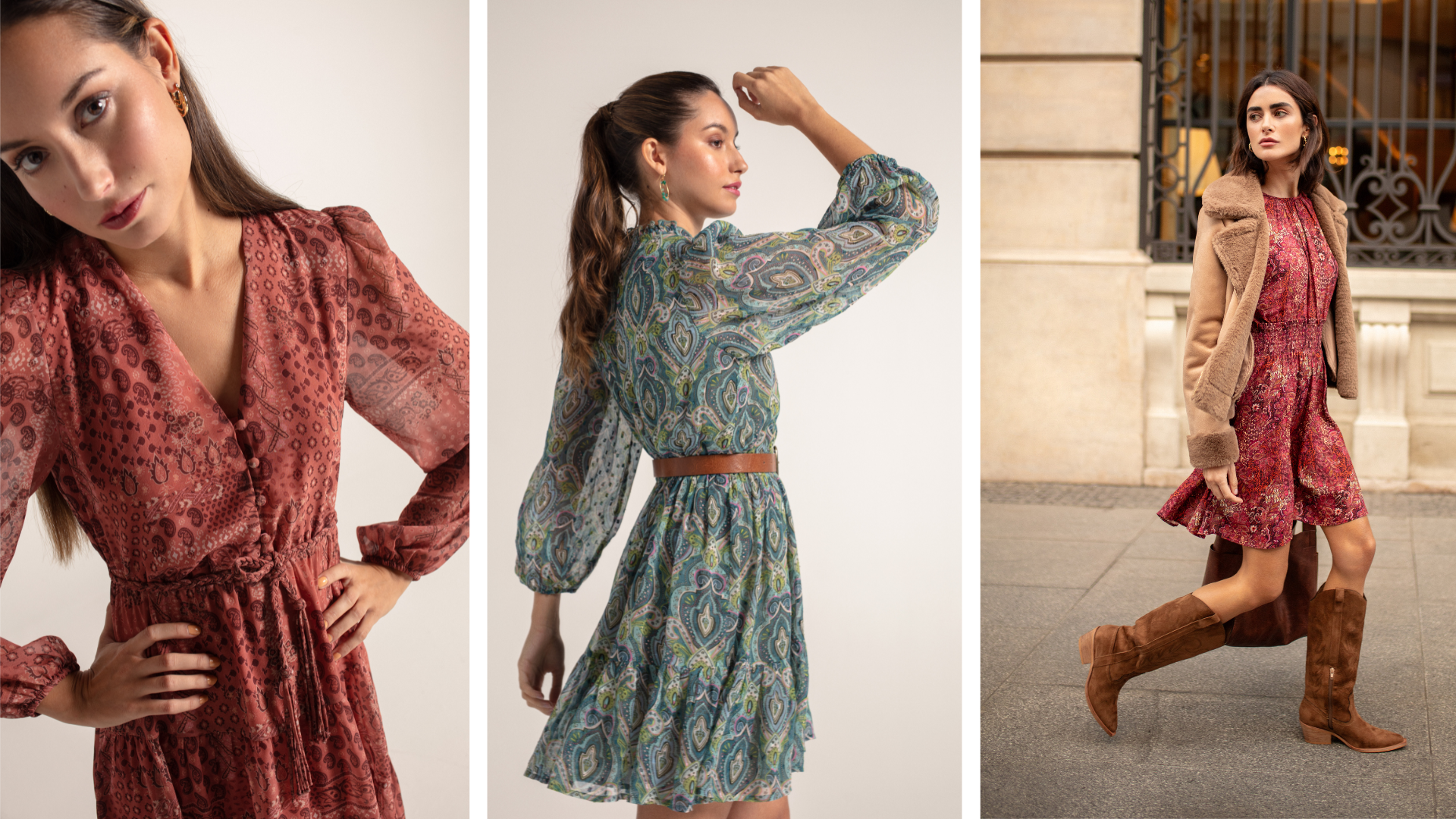 Look con vestido corto de otoño con estampado étnico y cazadora